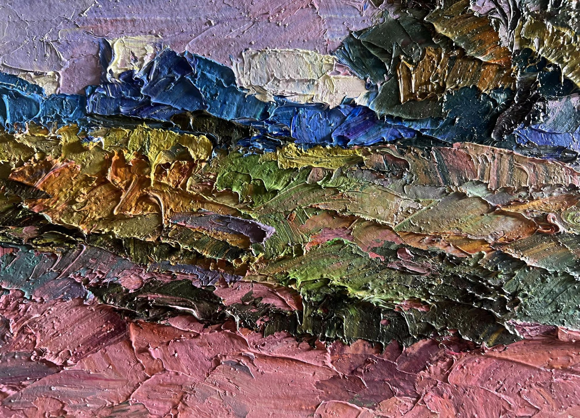 Oil painting September day in the field by Boris Serdyuk, textured blues and golds