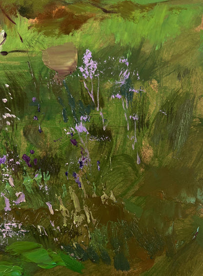 Textured impressionistic oil painting of Yuriy Suprunchuk country house field with green brushstrokes and purple wildflowers