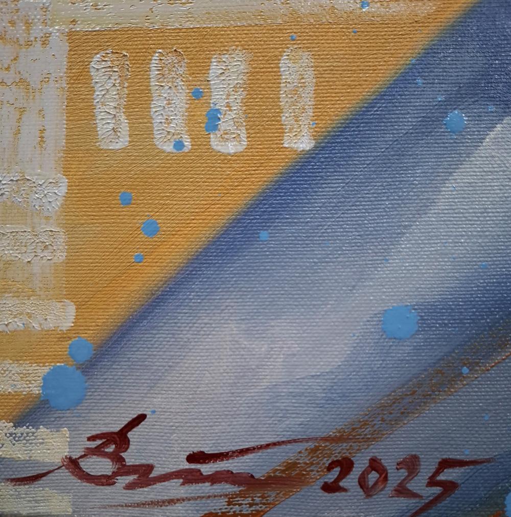 Oil painting The bird is singing by Sergiy Voichenko with yellow blue textured brushstrokes