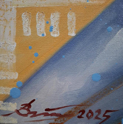 Oil painting The bird is singing by Sergiy Voichenko with yellow blue textured brushstrokes
