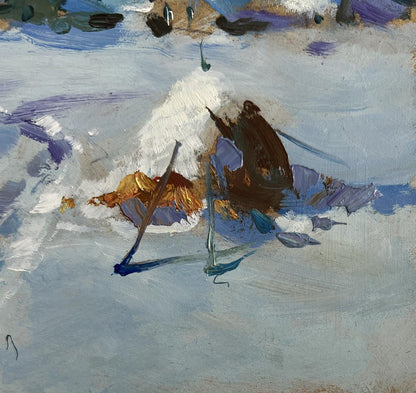 Textured impressionist oil painting of snowy path to village by Yuriy Suprunchuk