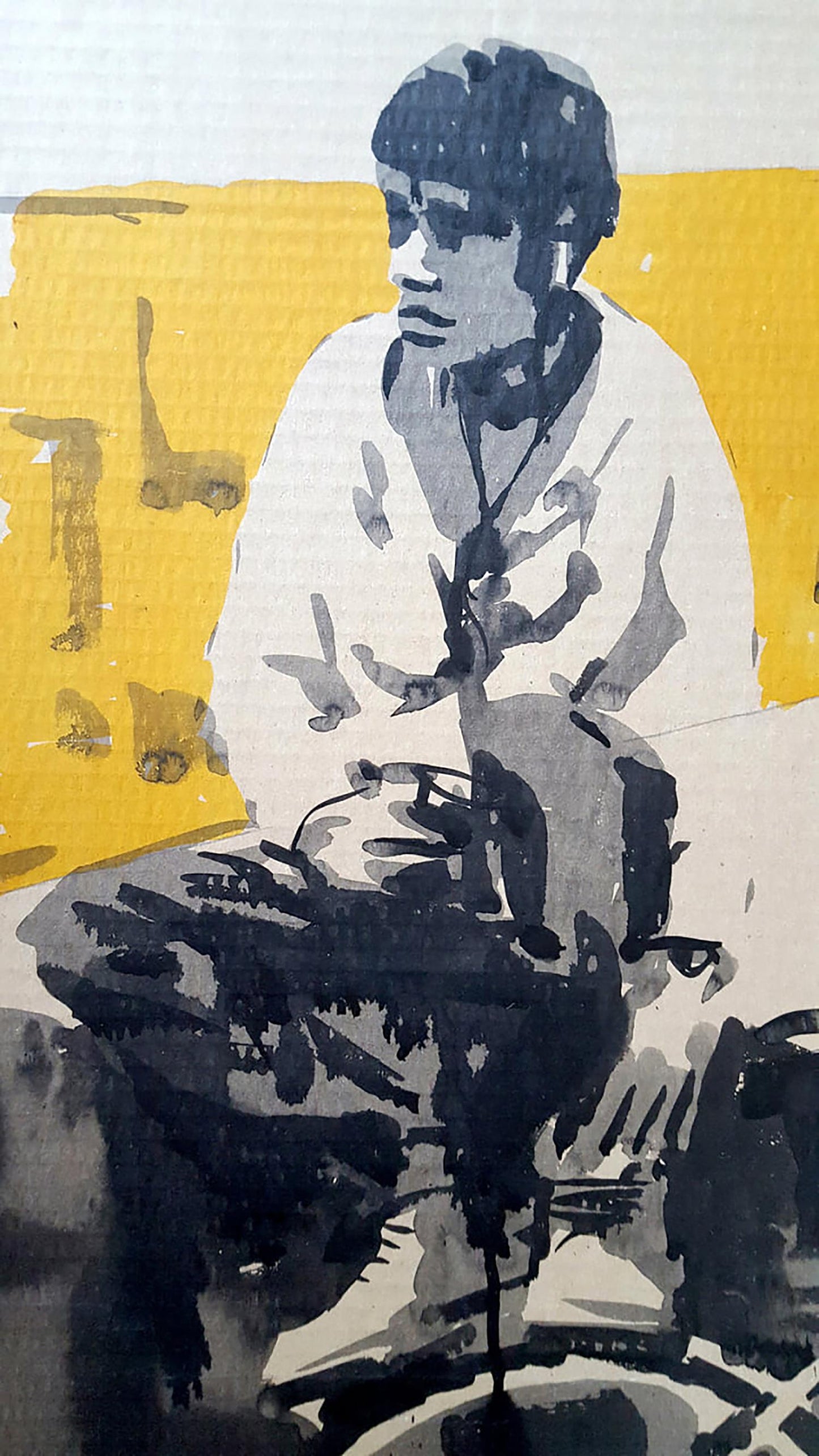 Grayscale abstract portrait by Dima Filatov on vibrant yellow watercolor background