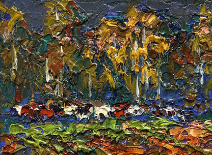 Vibrant impressionistic oil painting of horses in Oleksiy Ivanyuk autumn yellow forest