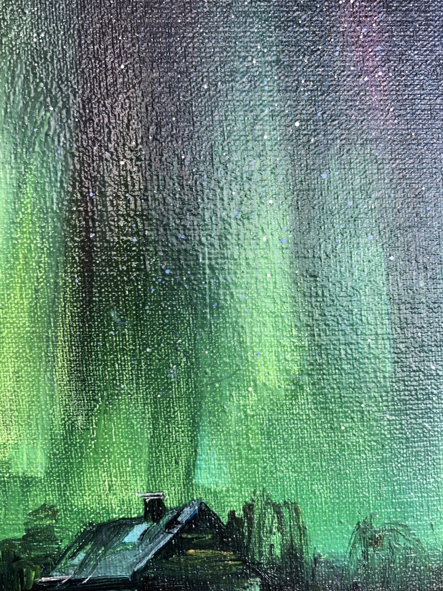 Vibrant green Northern Lights oil painting by Tatyana Derdey on textured canvas