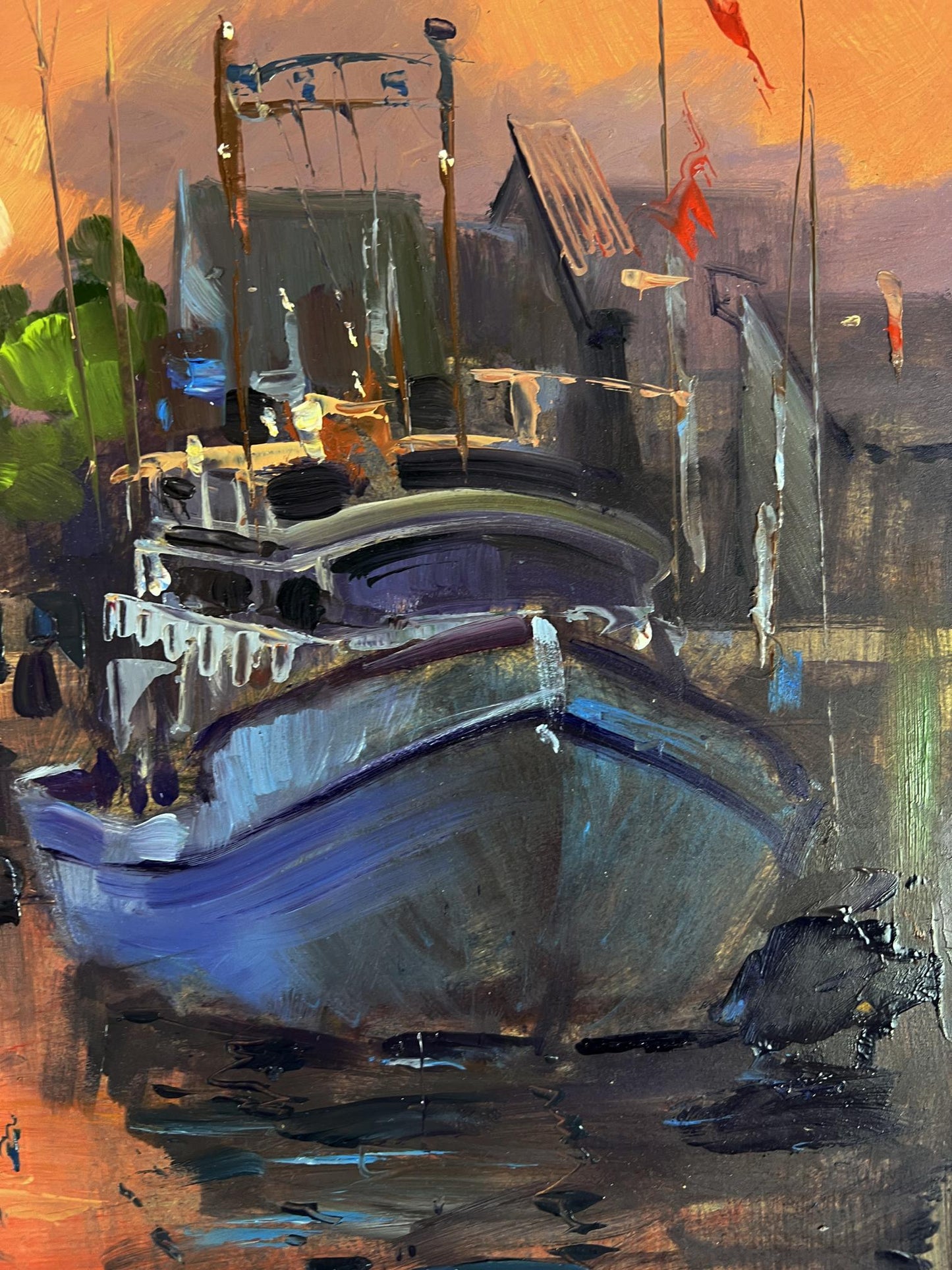 Oil painting of ferry boat by Yuriy Suprunchuk at sunset