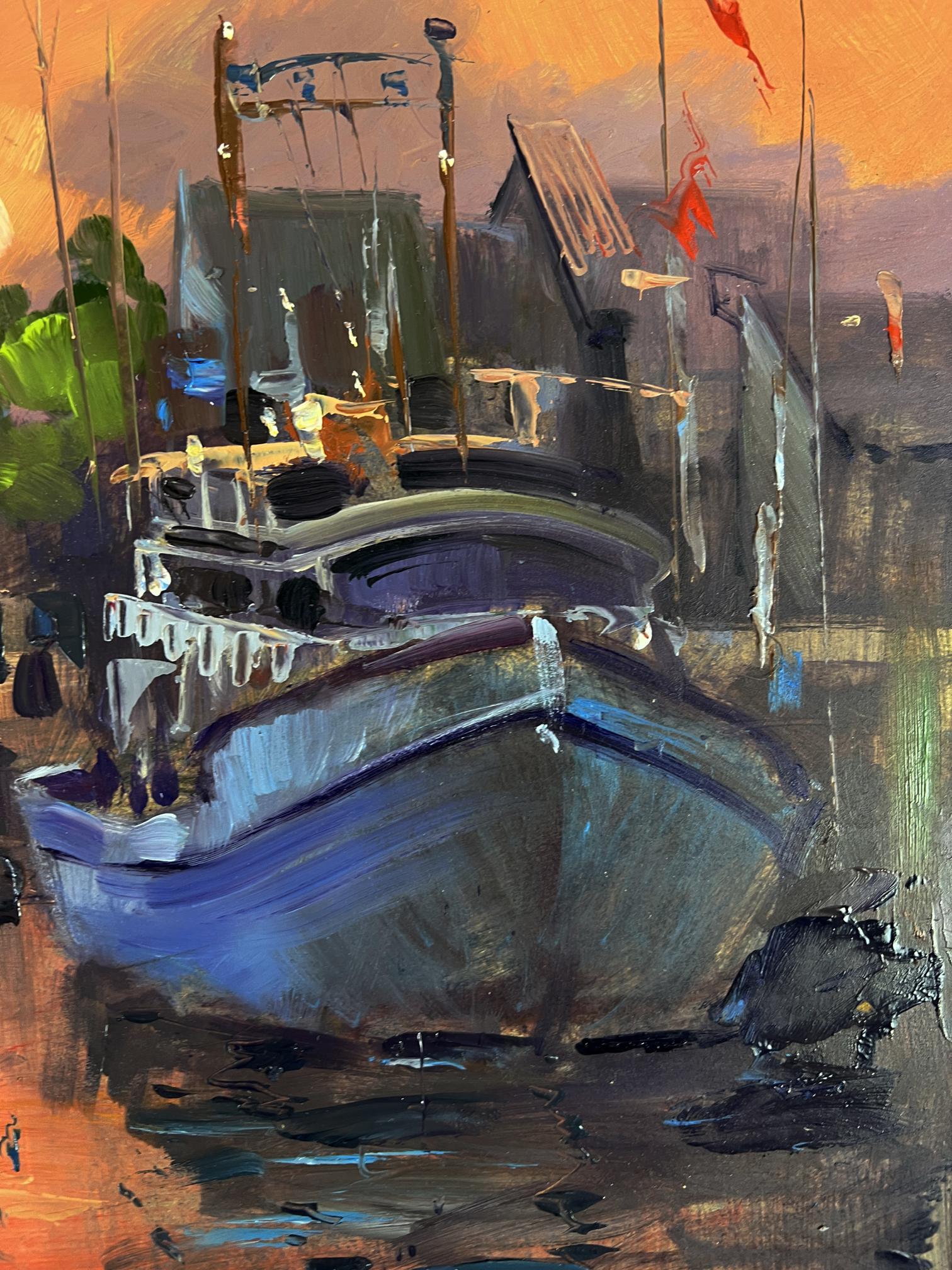 Oil painting of ferry boat by Yuriy Suprunchuk at sunset