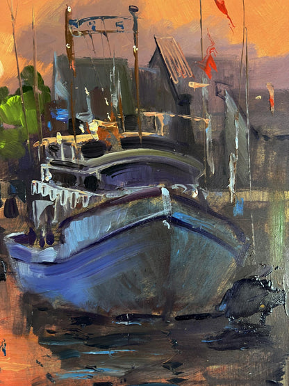 Oil painting of ferry boat by Yuriy Suprunchuk at sunset