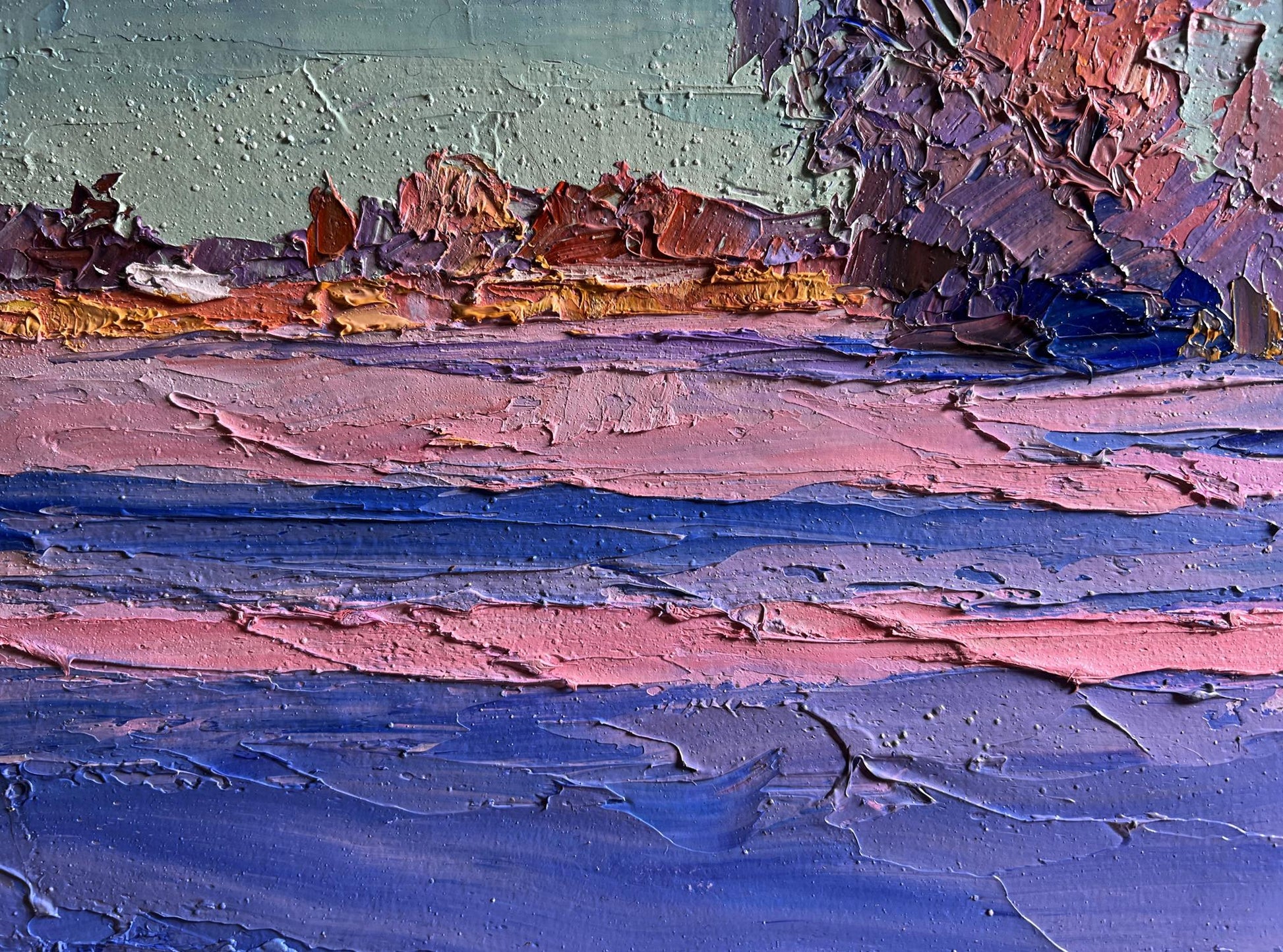 Oil painting Pink morning in winter by Boris Serdyuk, textured abstract blues and pinks