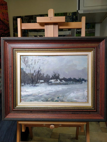 Oil painting After the winter snowstorm by Volodymyr Pashchenko in gold-accented frame