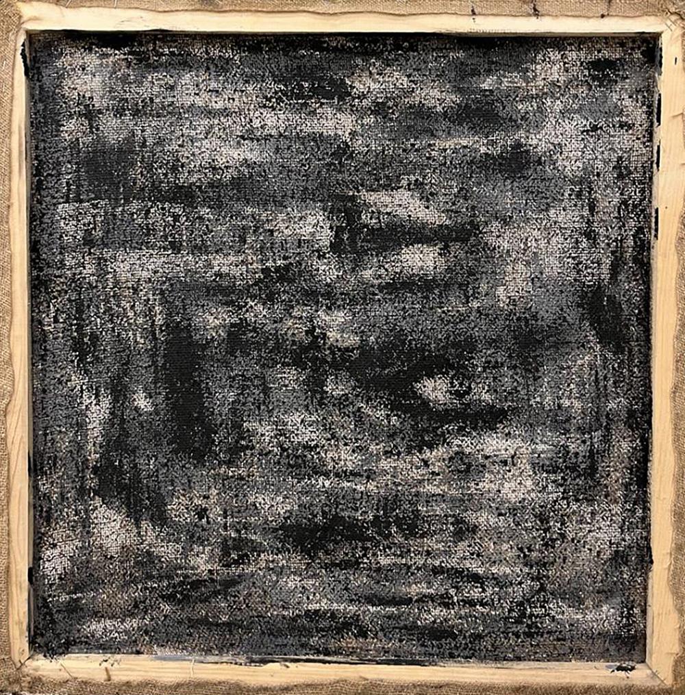Textured black gray abstract oil painting Mountain plains by Serhiy Kovalev in light wood frame