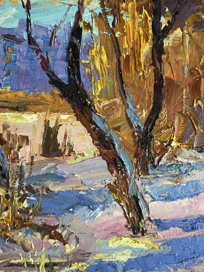 Oil painting In the winter forest by Boris Serdyuk textured tree trunks