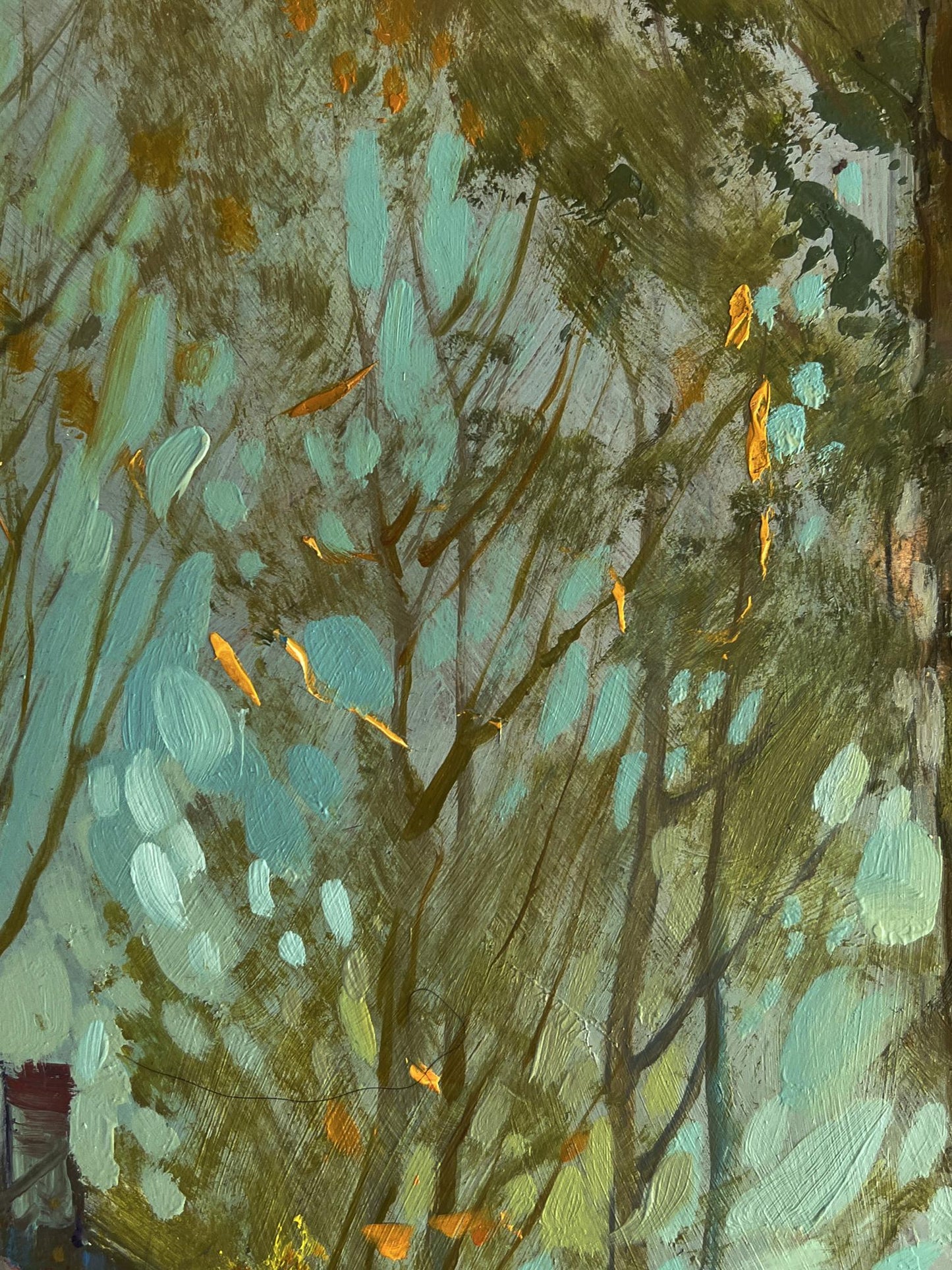 Oil painting Autumn old town street by Yuriy Suprunchuk in teal, olive, gold
