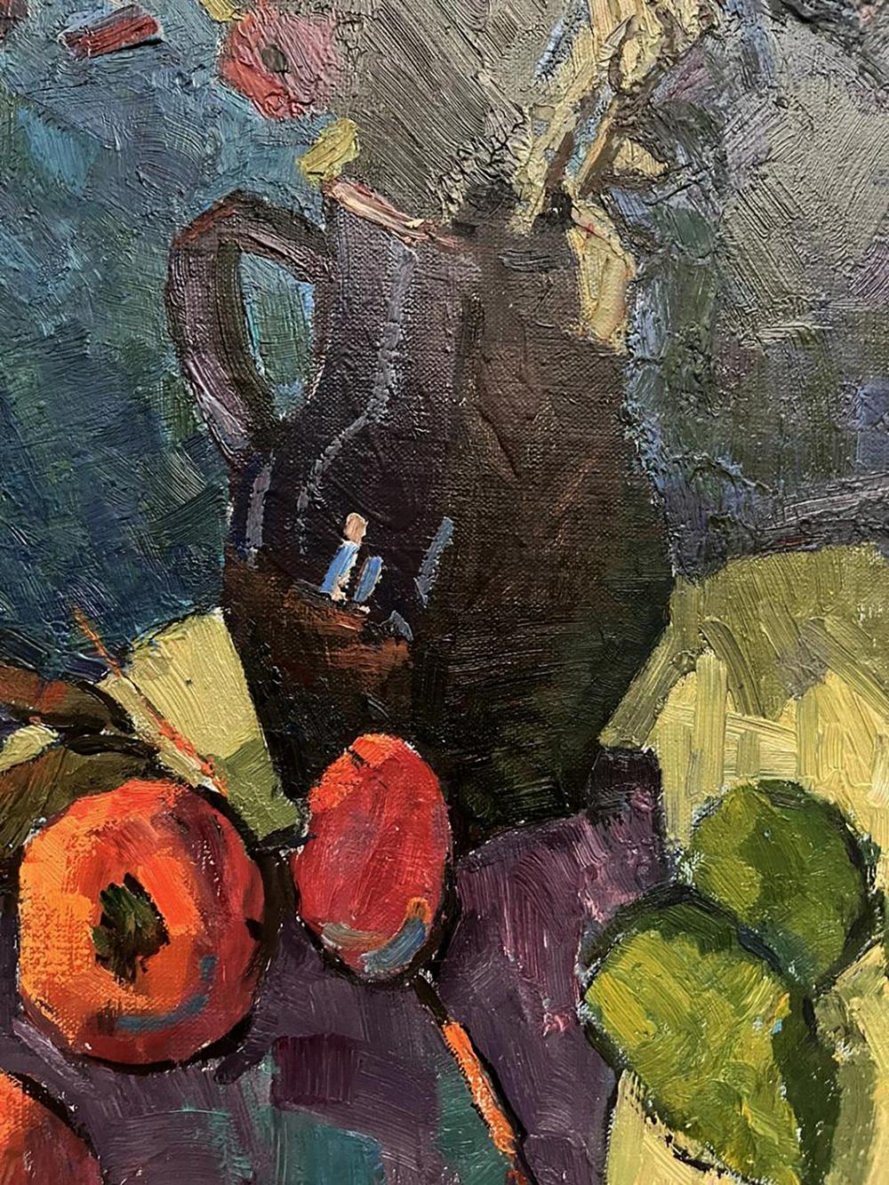 Dark brown ceramic pitcher with handle in Oleksandr Andreev autumn painting