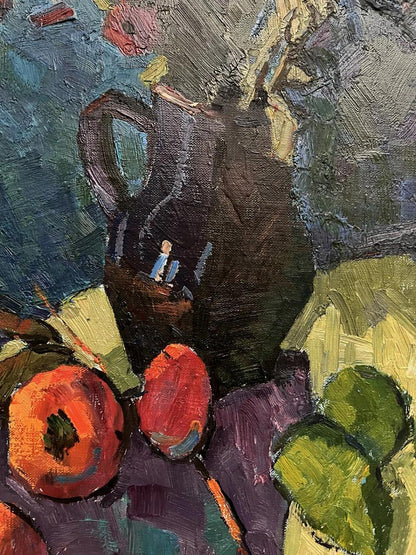 Dark brown ceramic pitcher with handle in Oleksandr Andreev autumn painting