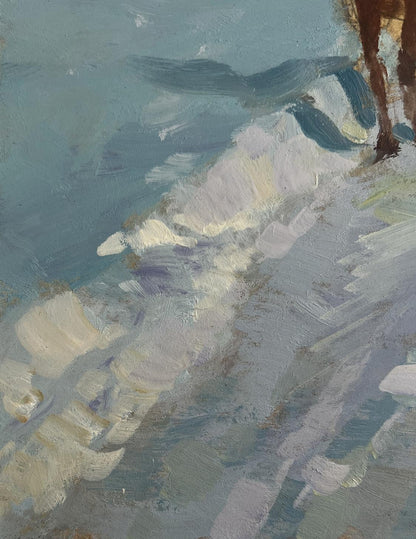 Impressionistic oil painting of horse riding in snowy coastal scene by Yuriy Suprunchuk