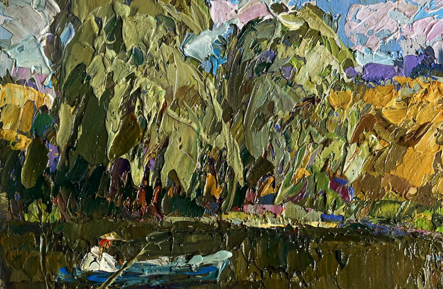 Oil painting On the summer lake by Oleksiy Ivanyuk with green foliage