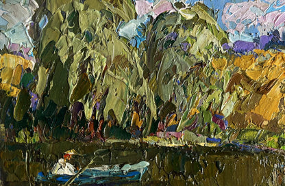 Oil painting On the summer lake by Oleksiy Ivanyuk with green foliage