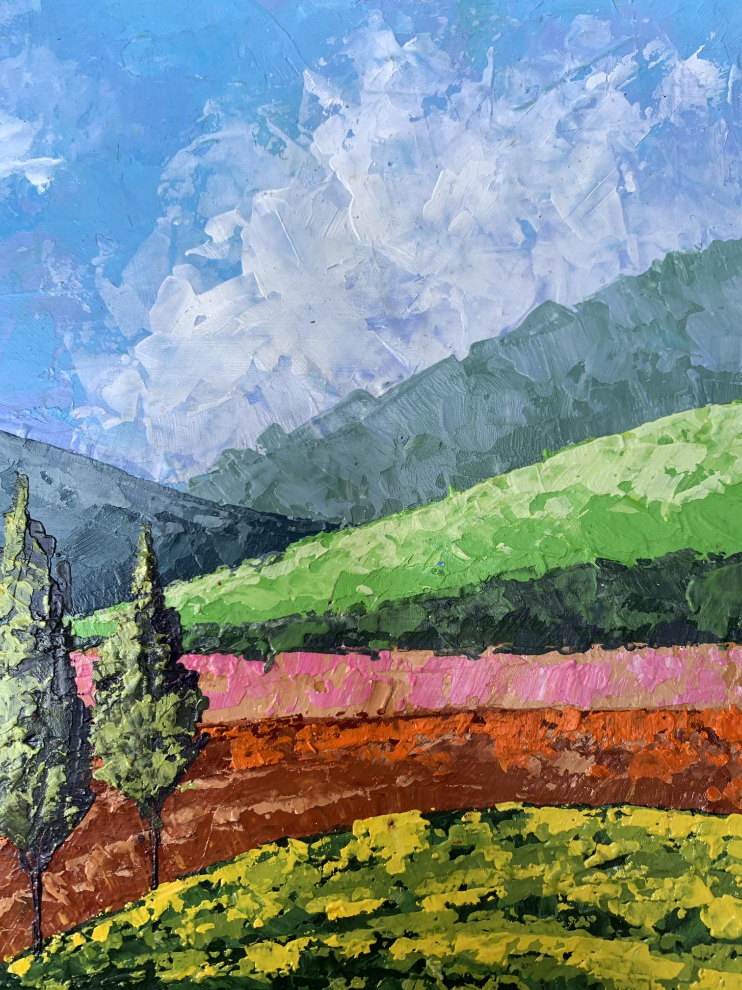 Vibrant impressionist oil painting Mountain Glade V. Zadorozhnya with hills and cypress trees