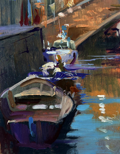 Painterly rowboat in purple-brown tones on calm water, Yuriy Suprunchuk oil
