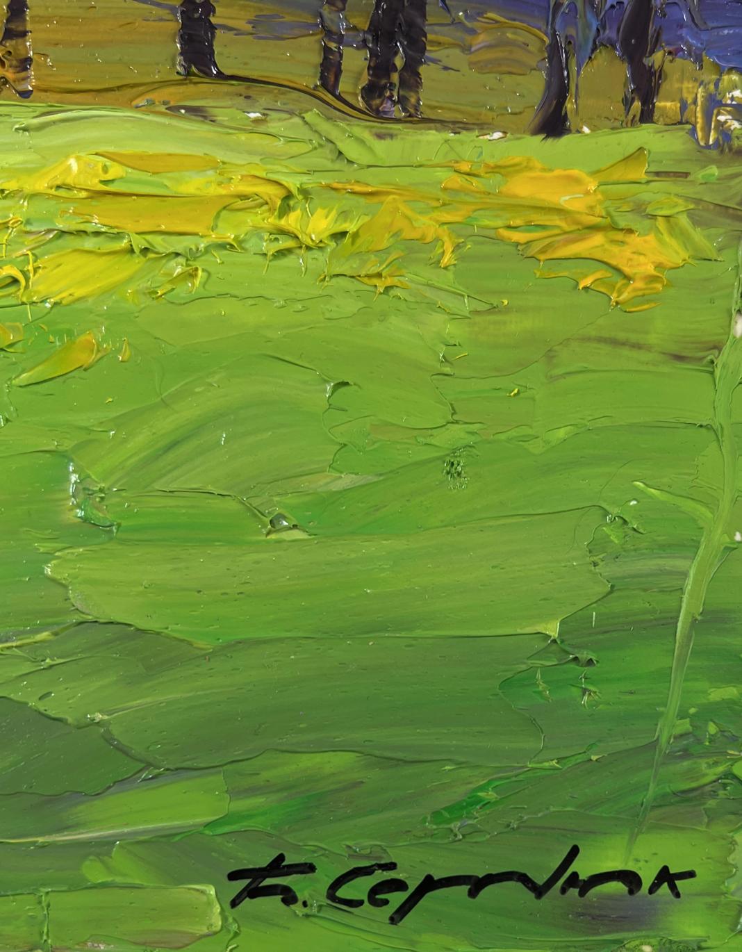 Vibrant green yellow oil painting of mountain flower fields by Boris Serdyuk