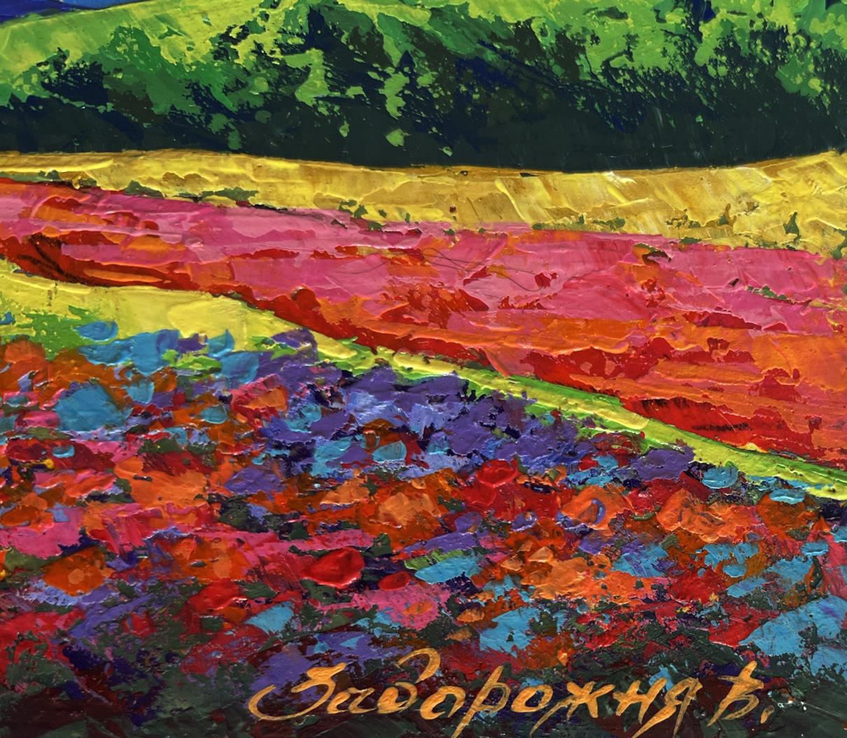 Vibrant impressionist oil painting of evening sunset in mountain valley by V. Zadorozhnya