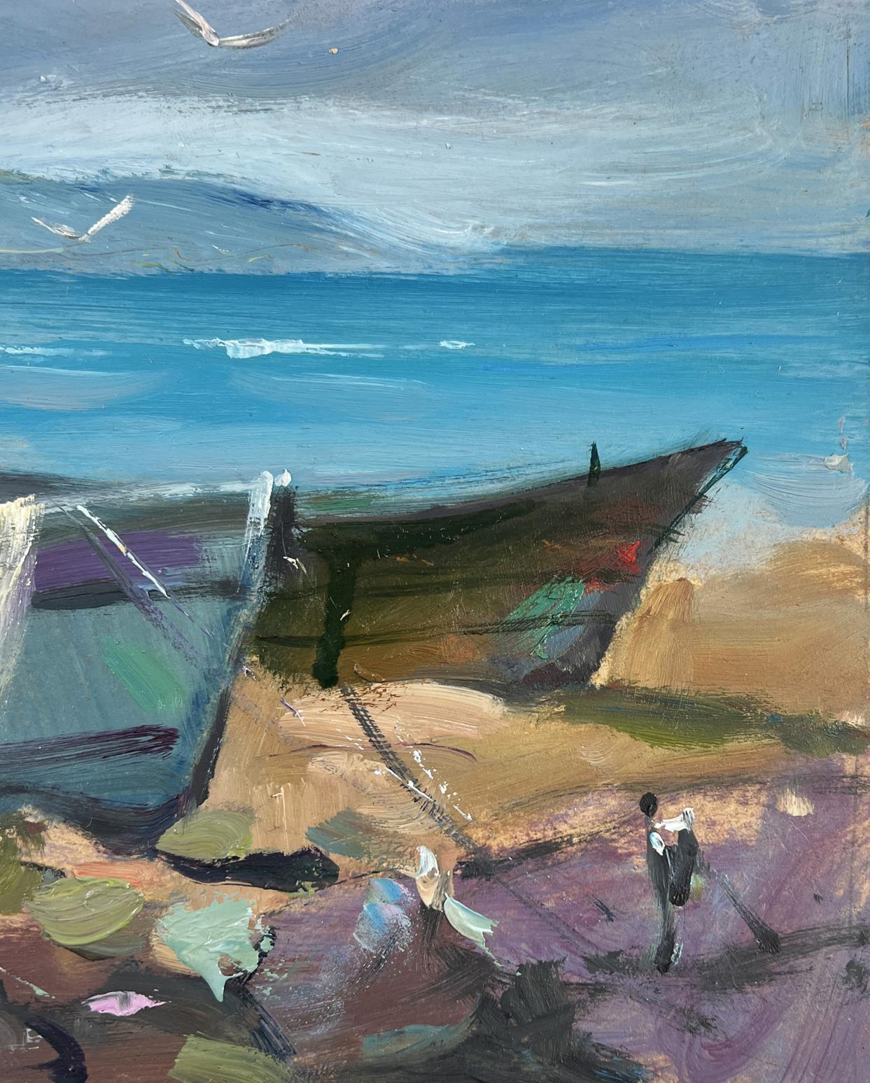 Oil painting of weathered fishing boat on colorful shoreline by Yuriy Suprunchuk