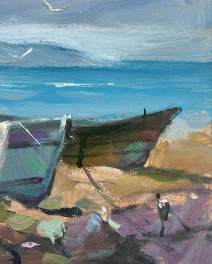 Oil painting of weathered fishing boat on colorful shoreline by Yuriy Suprunchuk