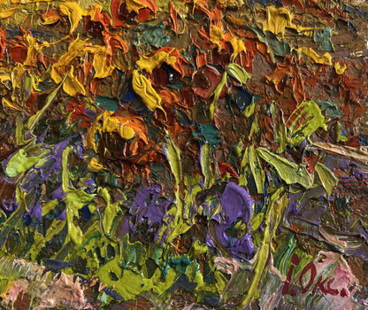 Vibrant oil painting of sunflower field in village by Oksana Ivanyuk
