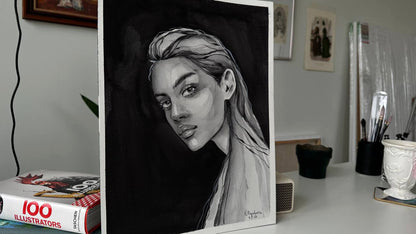 Detailed black and white portrait of woman by Victoria Kagalovska