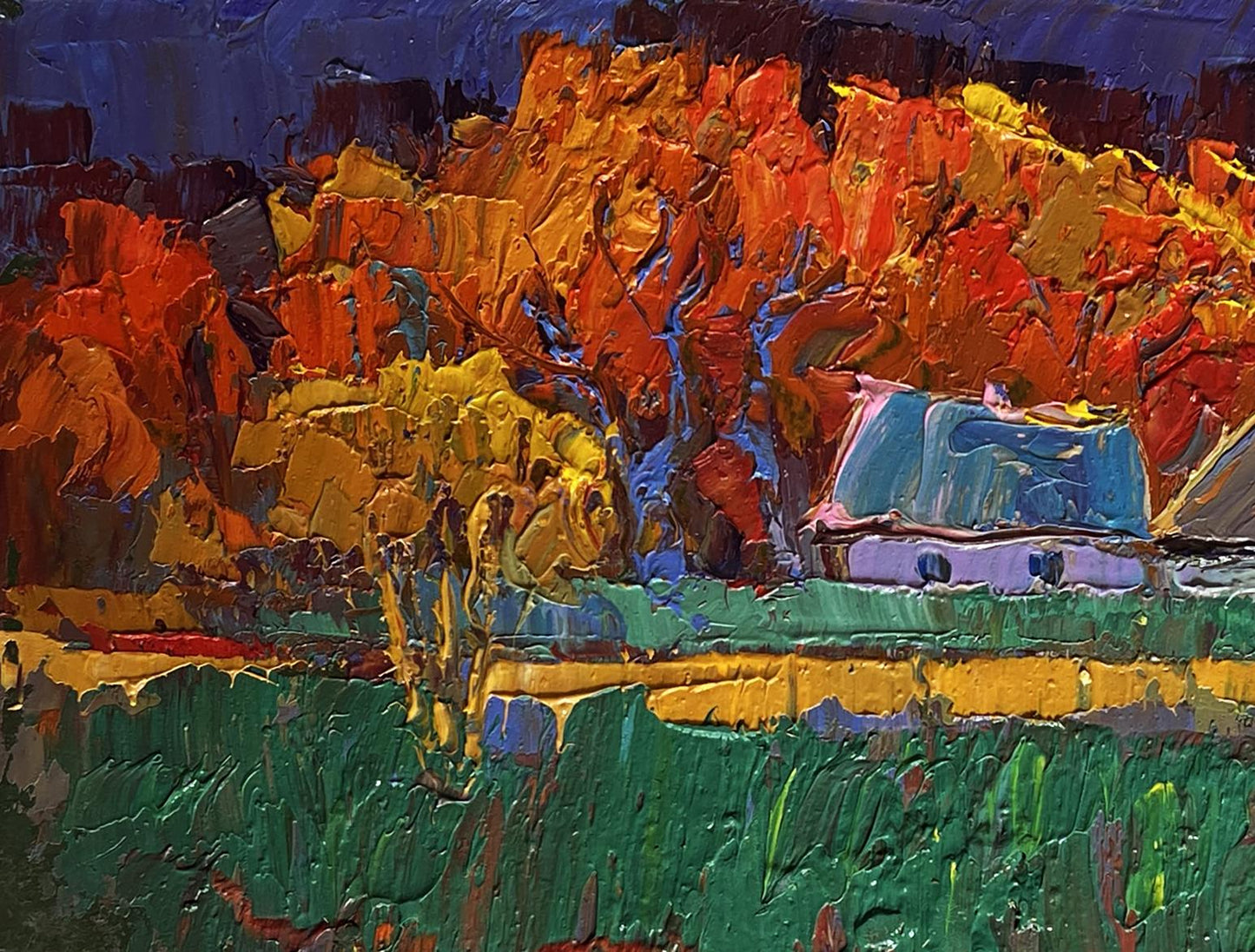 Vibrant impressionist oil painting Crimson autumn in the village by Oksana Ivanyuk