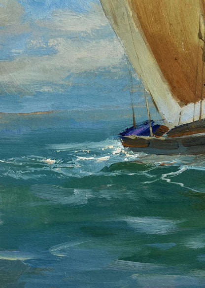 Oil painting of sailboat with tan and white sail on turbulent teal sea by Yuriy Suprunchuk
