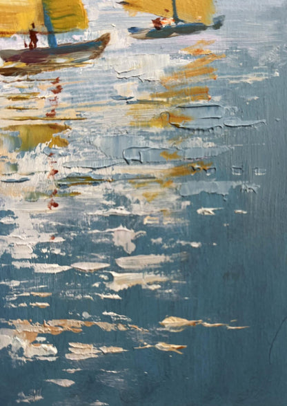 Oil painting of three sailboats with yellow sails in evening by Yuriy Suprunchuk