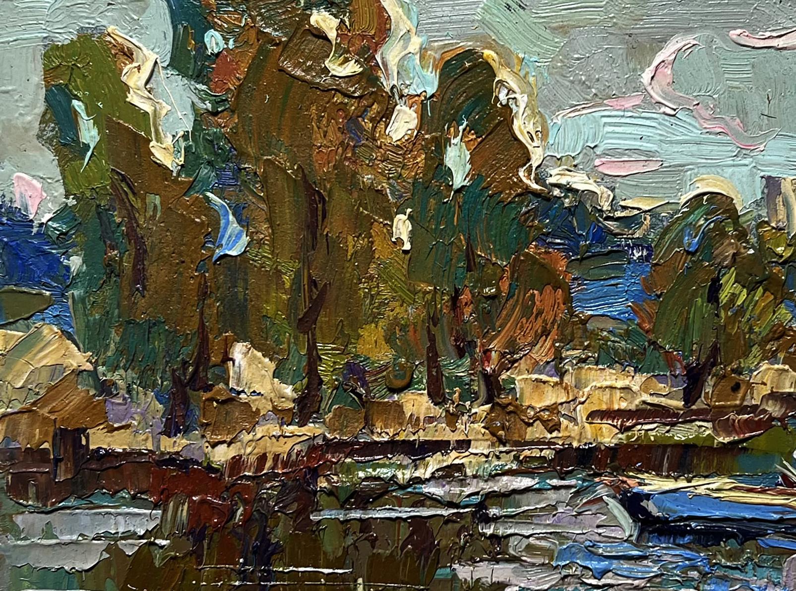 Impasto textured oil landscape painting Outside the city by boat by Oksana Ivanyuk