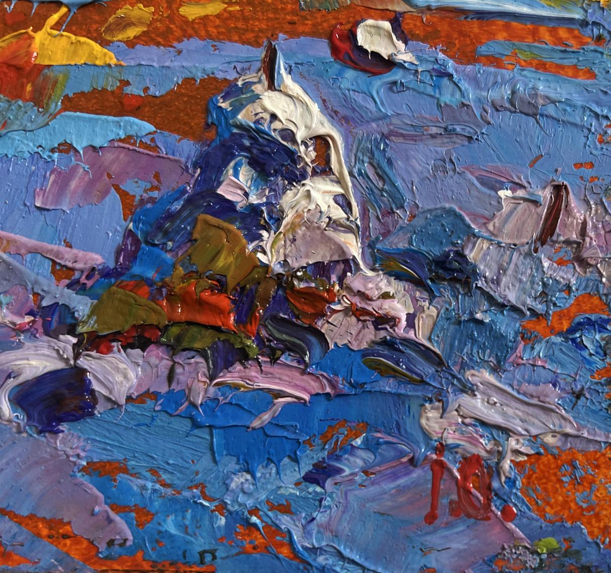 Oil painting Frosty day in the field by Oleksiy Ivanyuk vibrant abstract blue orange white