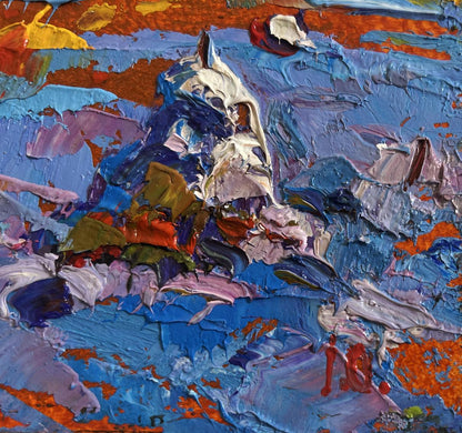 Oil painting Frosty day in the field by Oleksiy Ivanyuk vibrant abstract blue orange white