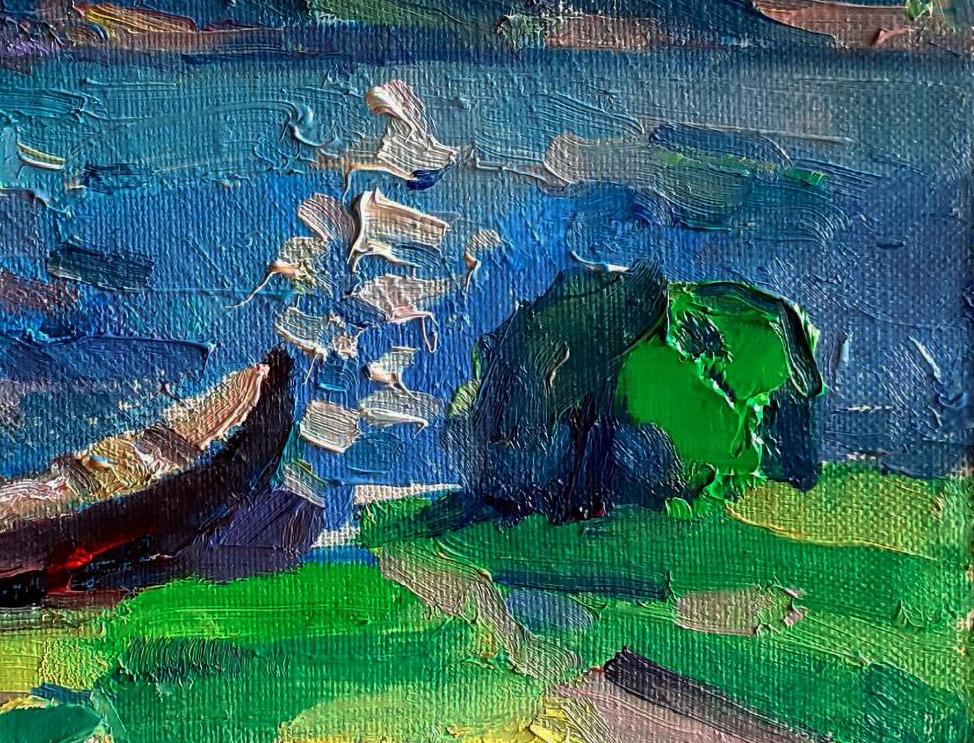 Oil painting of lonely boat on river bank by Pavel Dobrev