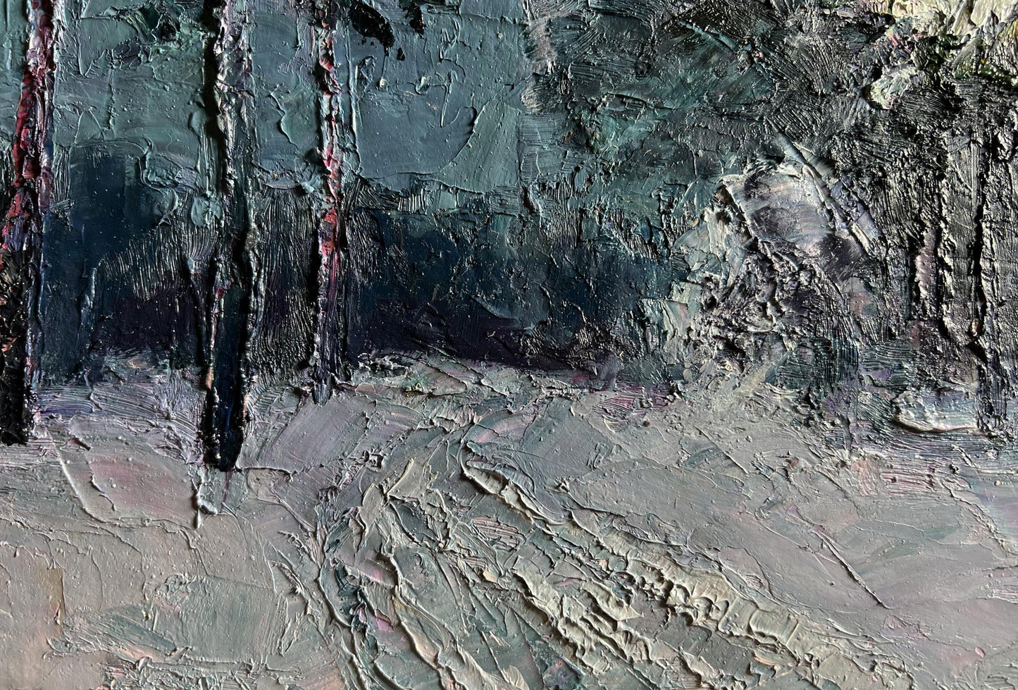 Oil painting Winter trail in the forest by Boris Serdyuk, textured greens and grays