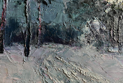 Oil painting Winter trail in the forest by Boris Serdyuk, textured greens and grays