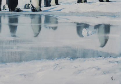 Oil painting of penguin colony by Oleg Kateryniuk with discarded bottle on ice