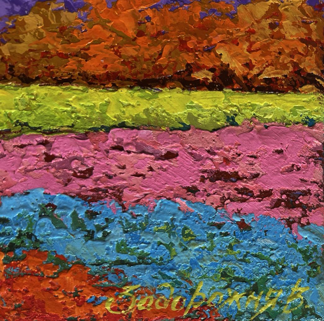 Vibrant oil painting In the shadows of the tree V. Zadorozhnya with textured orange, lime green, magenta and blue layers