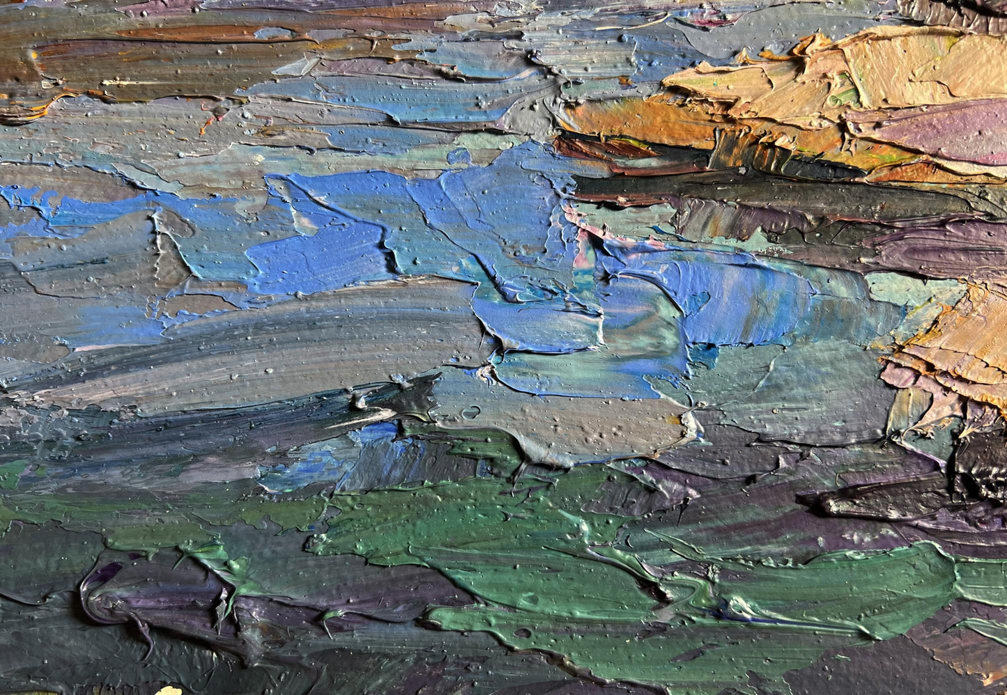 Oil painting Stone Coast by Boris Serdyuk with impasto blue green tones