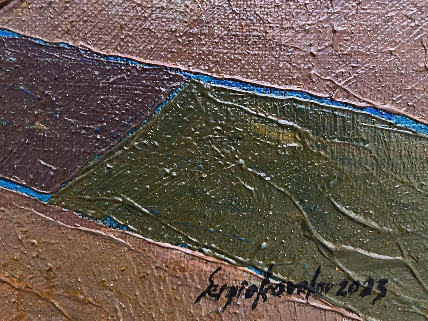 Textured impasto oil painting City Center by Serhiy Kovalev in earthy tones