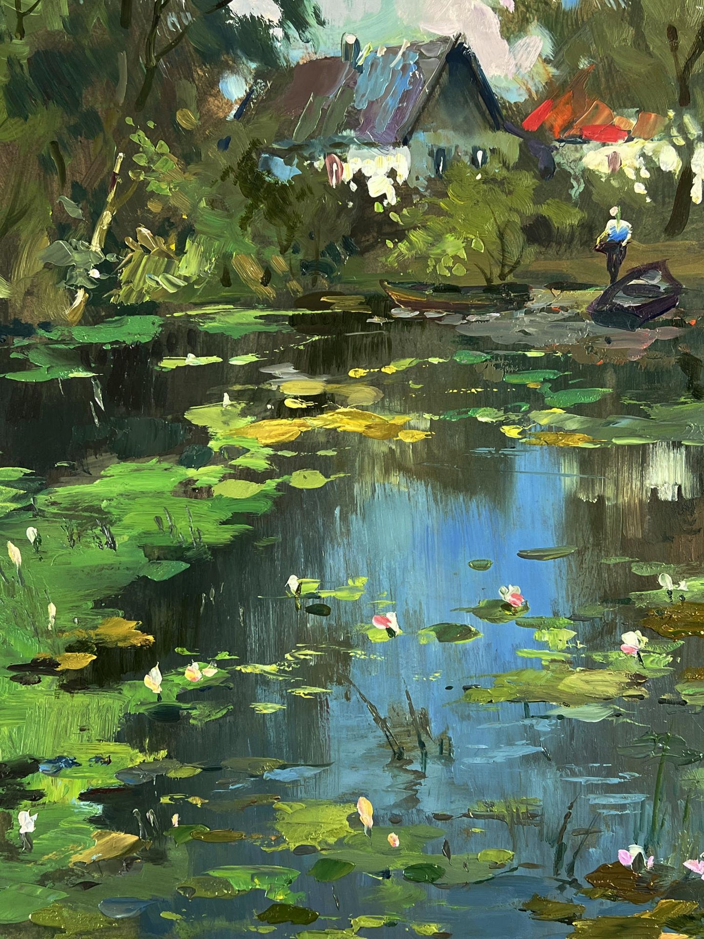 Serene impressionistic oil painting of village lake with lily pads by Yuriy Suprunchuk
