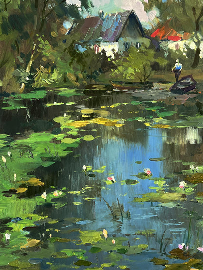 Serene impressionistic oil painting of village lake with lily pads by Yuriy Suprunchuk