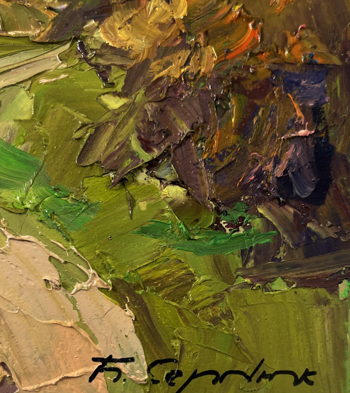 Oil painting Road through the autumn forest by Boris Serdyuk, impasto green hues