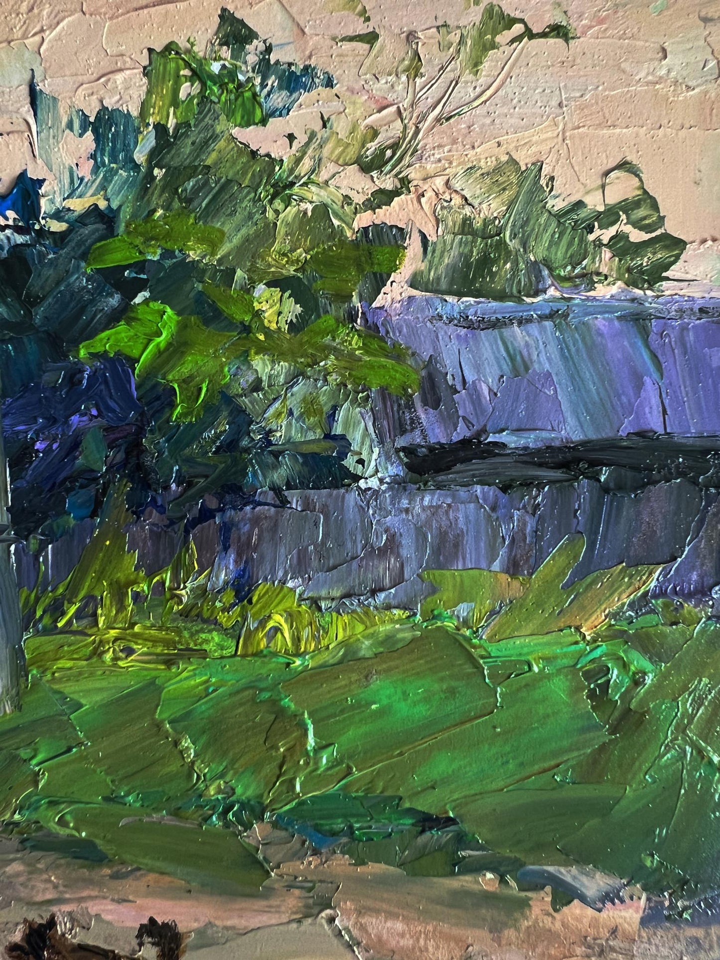 Oil painting Country Life with Dog by Boris Serdyuk, vibrant green foliage and cliffs