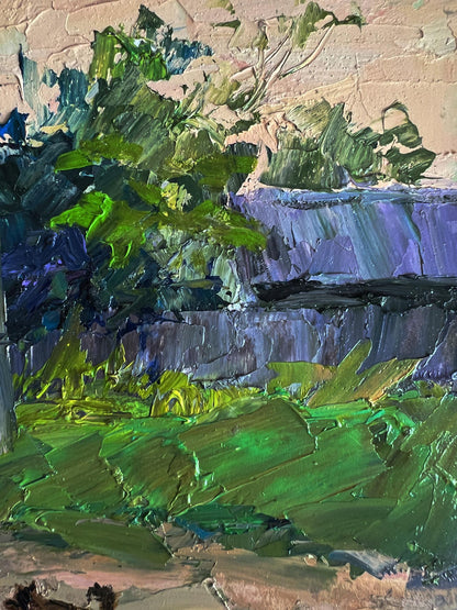 Oil painting Country Life with Dog by Boris Serdyuk, vibrant green foliage and cliffs