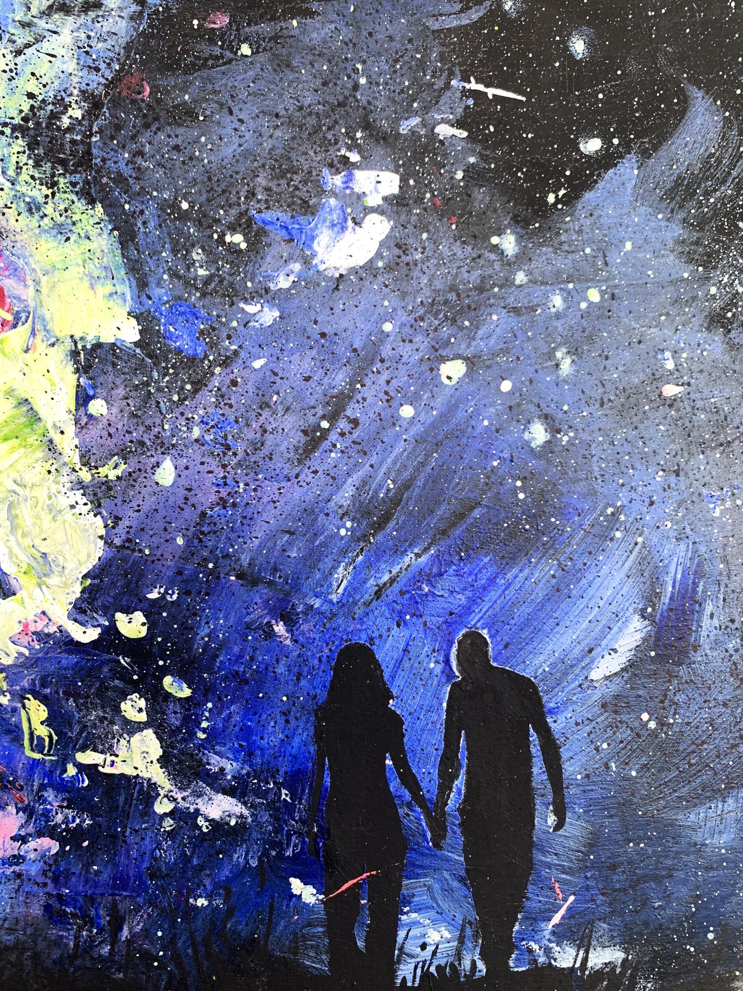 Oil painting Love night by Tatyana Derdey: silhouetted figures holding hands in cosmic blues
