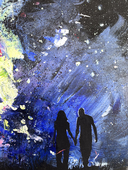 Oil painting Love night by Tatyana Derdey: silhouetted figures holding hands in cosmic blues