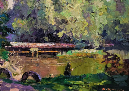 Oil painting Alone with the river by Boris Serdyuk: fisherman casting line